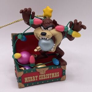 Vintage Tazmanian Devil In Treasure Chest 1995 Looney Tunes Christmas Ornament